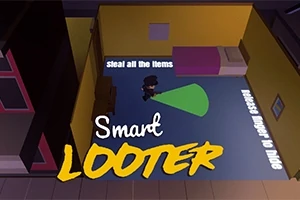 Indretningsbillede af et enkelt værelse set oppefra med en person, der går med en lommelygte, og teksten Smart Looter over gulvet