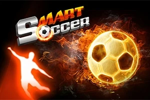 En brændende fodbold med en glødende silhuet af en person i baggrunden og teksten Smart Soccer i ildfarvede bogstaver