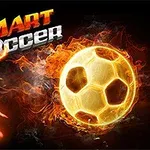 En brændende fodbold med en glødende silhuet af en person i baggrunden og teksten Smart Soccer i ildfarvede bogstaver