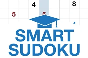 Teksten SMART SUDOKU i blå er skrevet over et delvist udfyldt gitter med tal, og der er en blå studenterhue placeret over teksten
