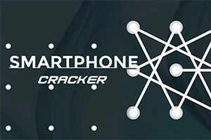 Teksten Smartphone Cracker med et netværksmønster af sammenkoblede hvide punkter på en mørk baggrund