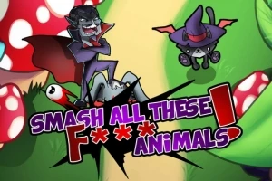 To animerede figurer, en ulv og en kat, er midt i et farverigt naturmiljø med svampe og grønne planter, med teksten Smash All These F*** Animals!