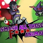 To animerede figurer, en ulv og en kat, er midt i et farverigt naturmiljø med svampe og grønne planter, med teksten Smash All These F*** Animals!