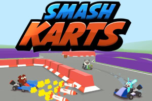 Tegnefilmfigurer kører gokarts på en racerbane med raketter og farverige barrierer