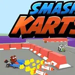 Tegnefilmfigurer kører gokarts på en racerbane med raketter og farverige barrierer