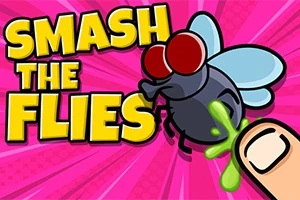En tegneserieflue med store røde øjne bliver ramt af en finger på en lyserød baggrund med teksten Smash the Flies