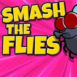 En tegneserieflue med store røde øjne bliver ramt af en finger på en lyserød baggrund med teksten Smash the Flies