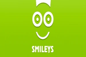En enkel, hvid tegning af et smilende ansigt med teksten SMILEYS på en lys grøn baggrund