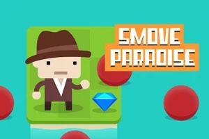 En pixelkunstfigur med hat står på en grøn platform ved siden af en blå diamant, omgivet af røde kugler, med teksten Smove Paradise i baggrunden