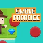 En pixelkunstfigur med hat står på en grøn platform ved siden af en blå diamant, omgivet af røde kugler, med teksten Smove Paradise i baggrunden