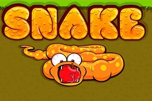 Orange slange med store øjne og åben mund under teksten SNAKE i store bogstaver