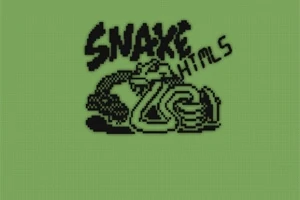 Sort-hvid grafik af en slange med ordet Snake på en grøn baggrund