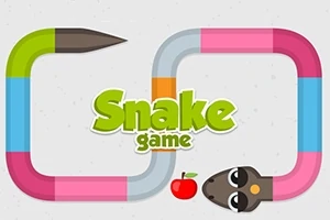 Farverig tegneserie-slange med teksten Snake game i midten og et æble foran slangen