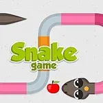 Farverig tegneserie-slange med teksten Snake game i midten og et æble foran slangen