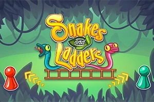 To an farverige slanger og et bræt med et spiltema, omgivet af jungleelementer, med en rød og grøn spillebrik