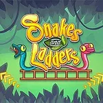 To an farverige slanger og et bræt med et spiltema, omgivet af jungleelementer, med en rød og grøn spillebrik