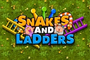 Tegning af en græsbeklædt baggrund med farverige stiger, en slange og animerede figurer sammen med teksten Snakes and Ladders