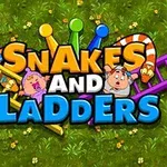 Tegning af en græsbeklædt baggrund med farverige stiger, en slange og animerede figurer sammen med teksten Snakes and Ladders