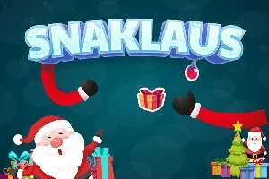 Julemanden med en sæk gaver, strakte arme, et juletræ og farverige gaver, med teksten SNAKLAUS øverst