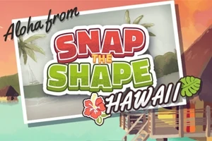 Illustration med teksten Aloha from Snap the Shape Hawaii over en tropisk strand med palmer og hytte på pæle