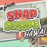 Illustration med teksten Aloha from Snap the Shape Hawaii over en tropisk strand med palmer og hytte på pæle