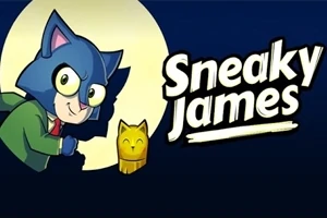 En animeret blå kat med en grøn jakke sniger sig foran en stor fuldmåne ved siden af en lille gylden kattefigur med teksten Sneaky James til højre