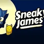 En animeret blå kat med en grøn jakke sniger sig foran en stor fuldmåne ved siden af en lille gylden kattefigur med teksten Sneaky James til højre