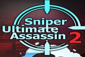 Tekst Sniper Ultimate Assassin 2 i blå og rød inden for en sigtekorn grafik på en mørk baggrund