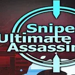 Tekst Sniper Ultimate Assassin 2 i blå og rød inden for en sigtekorn grafik på en mørk baggrund