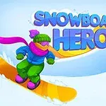 En tegneseriefigur på snowboard i farverig vinterpåklædning med teksten Snowboard Hero ovenfor