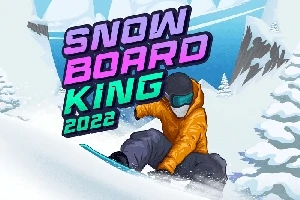 En snowboarder i en orange jakke kører ned ad en snedækket bakke med grantræer omkring