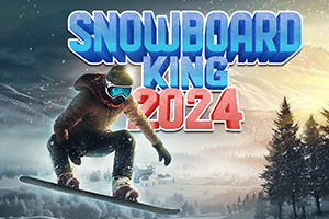 En snowboarder midt i et hop i et snedækket bjerglandskab med skov, og store bogstaver i forskellige farver i baggrunden