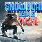 En snowboarder midt i et hop i et snedækket bjerglandskab med skov, og store bogstaver i forskellige farver i baggrunden