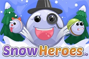 En stor, glad snebold med hat og monokel, flankeret af to mindre snebolde med ansigter, foran sneklædte træer og teksten Snow Heroes