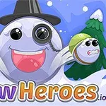 En stor, glad snebold med hat og monokel, flankeret af to mindre snebolde med ansigter, foran sneklædte træer og teksten Snow Heroes