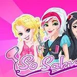 Tre tegneseriepiger med forskellige frisurer og tilbehør foran en pink baggrund