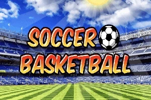 Teksten Soccer Basketball i farverige bogstaver med en fodbold symbol på en solrig stadionbaggrund