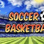 Teksten Soccer Basketball i farverige bogstaver med en fodbold symbol på en solrig stadionbaggrund