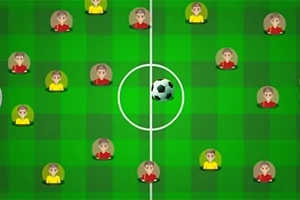 Animation af en grøn fodboldbane med figurer i røde og gule trøjer og en fodbold i midten