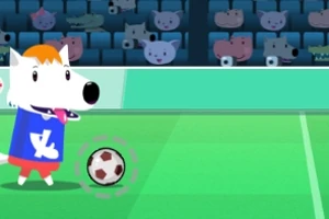 En tegneseriehund med en blå trøje spiller fodbold på en grøn bane foran et publikum af forskellige animerede dyr