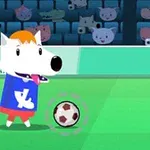 En tegneseriehund med en blå trøje spiller fodbold på en grøn bane foran et publikum af forskellige animerede dyr