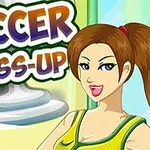 Tegneserieillustration af en kvinde i sportsdragt ved siden af teksten Soccer Dress-Up