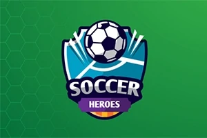 Et blåt skjoldemblem med en fodbold over teksten Soccer Heroes, på en grøn baggrund med et sekskantet mønster
