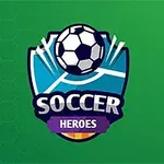 Et blåt skjoldemblem med en fodbold over teksten Soccer Heroes, på en grøn baggrund med et sekskantet mønster