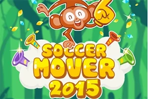 En tegneserieabe med et skumfinger på hånden springer over teksten Soccer Mover 2015 omgivet af farverige trompeter og diamanter på en grøn baggrund