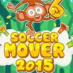 En tegneserieabe med et skumfinger på hånden springer over teksten Soccer Mover 2015 omgivet af farverige trompeter og diamanter på en grøn baggrund