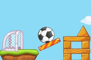En tegneserieillustration med en fodbold, et mål, og træblokke mod en blå himmel
