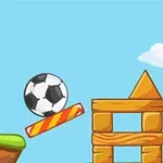 En tegneserieillustration med en fodbold, et mål, og træblokke mod en blå himmel