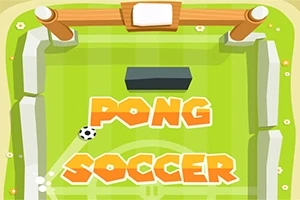 Grønt spillefelt med ordet PONG SOCCER i orange og en bold i bevægelse mod en blok