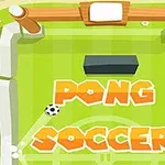 Grønt spillefelt med ordet PONG SOCCER i orange og en bold i bevægelse mod en blok